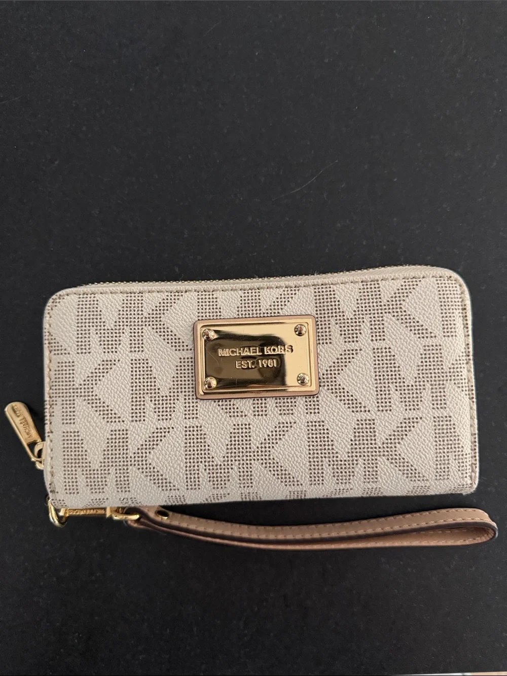 Michael Kors Beige Monogram Zip Wristlet with Gold Plaque